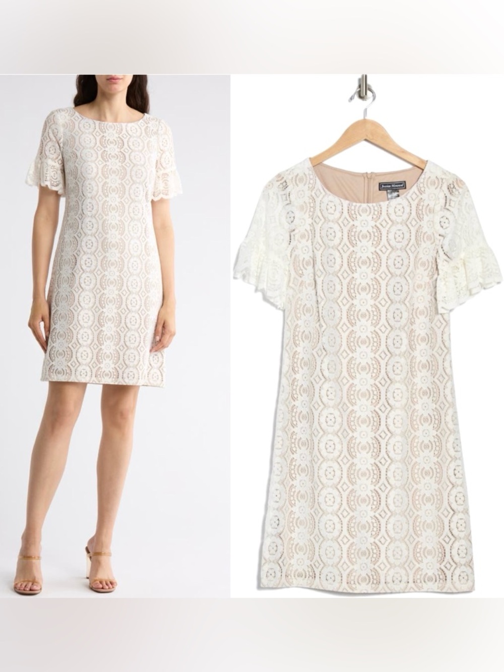Jessica Howard Lace Shift Dress Short Sleeve with Ruffle Boat Neck Back Zip